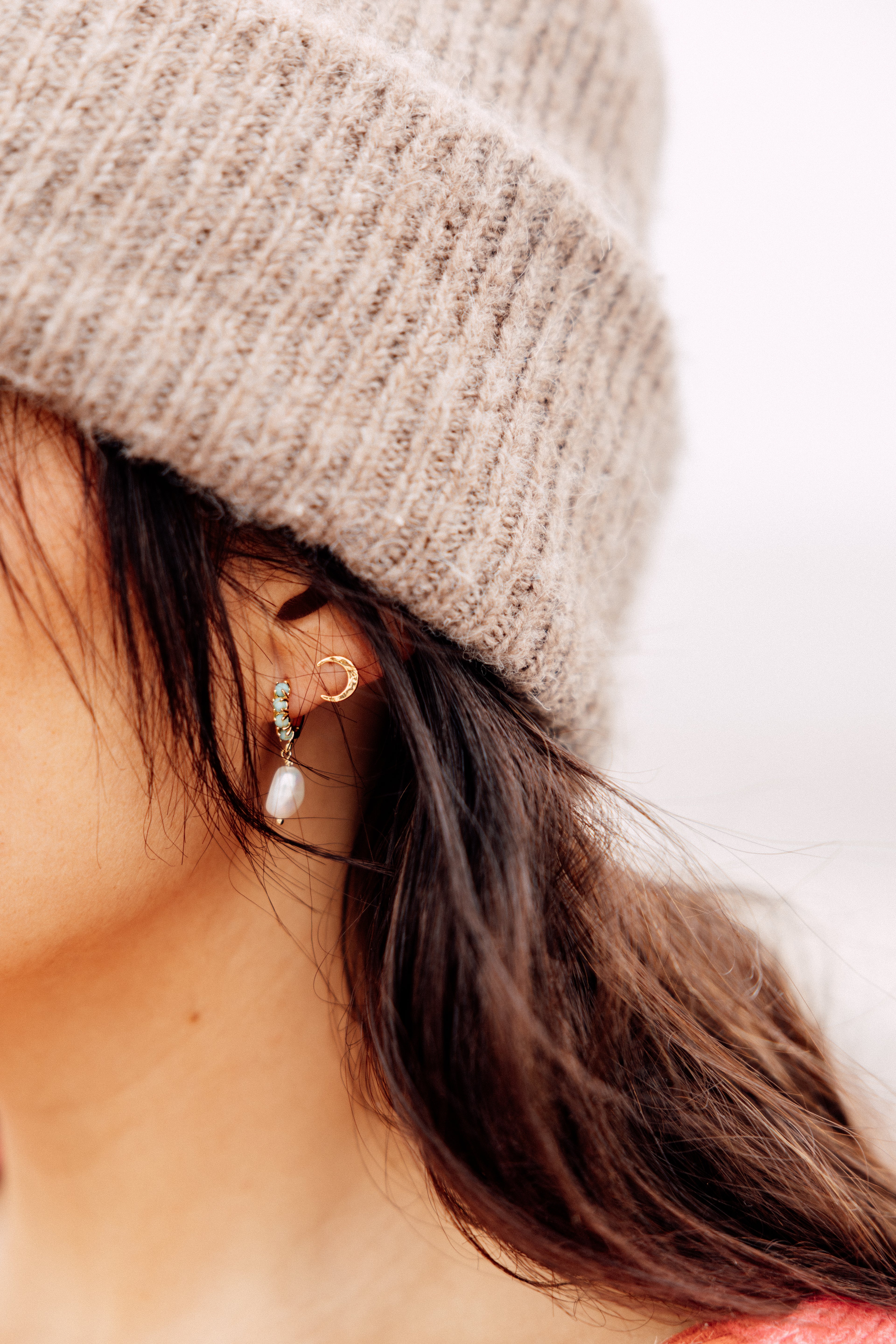 Mini gold hammered moon studs